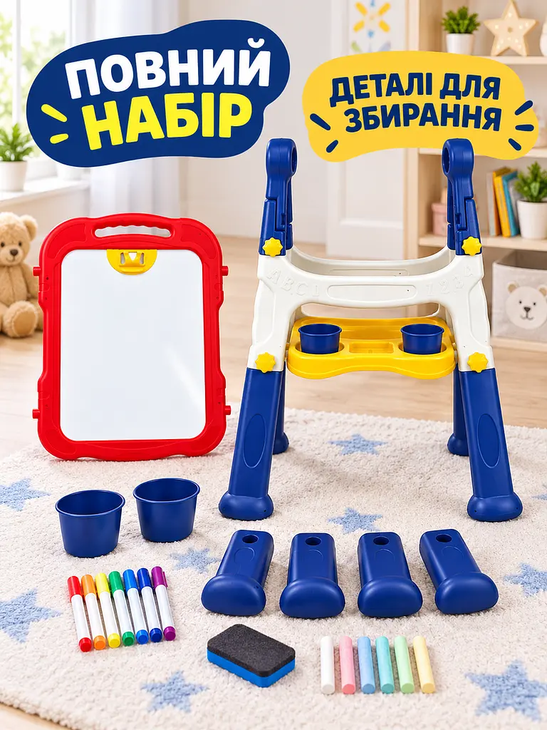 Дитячий двосторонній магнітний мольберт для малювання маркерами та крейдою зі знімною дошкою і поличкою, червоно-синій (49676394) - фото 8