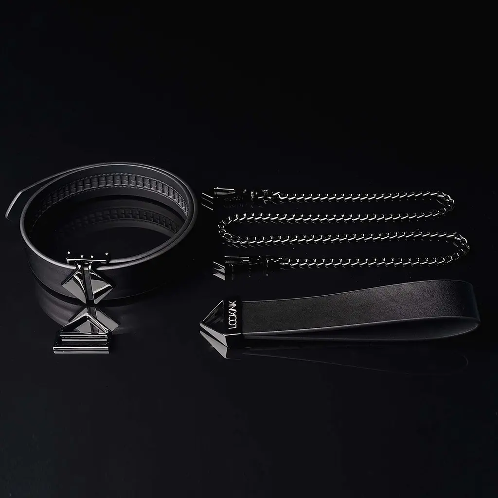 Нашийник з повідцем LOCKINK Tied Collar with Leash Set, чорний, ланцюг зі шкіряною петлею та карабіном - фото 4