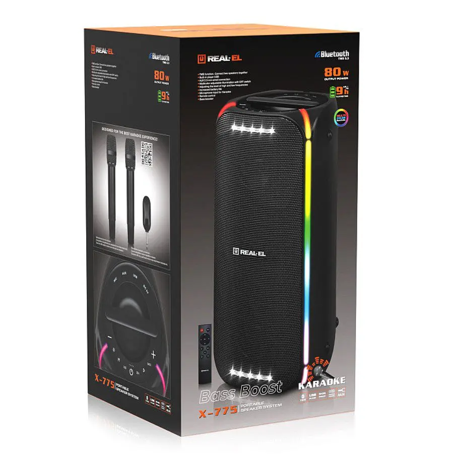 Портативна колонка бумбокс REAL-EL X775-PSS Boombox 80W Bluetooth TWS, RGB, Black - фото 11