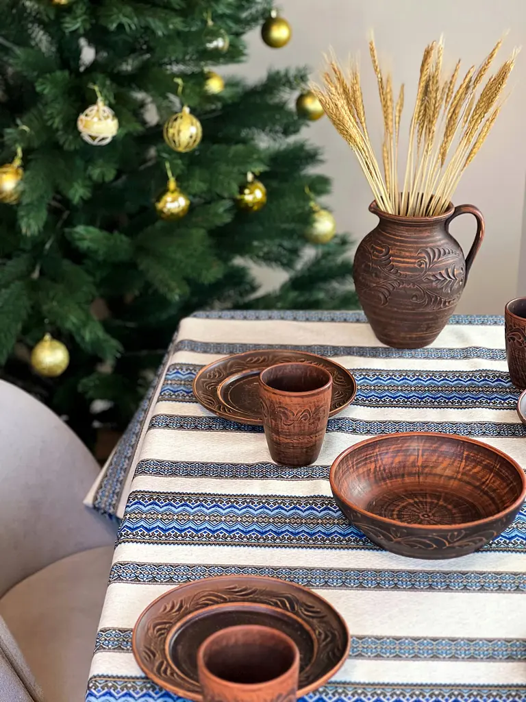 Льняная скатерть рождественскя с украинским орнаментом "Рандеву синий" - 400х150 см - фото 5