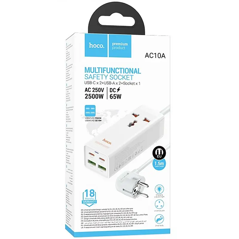 Подовжувач AC10A Talent PD65W+QC3.0 (2USB-A/2C/1xSocket) (1.5 m) White Hoco teh0029518 - фото 5