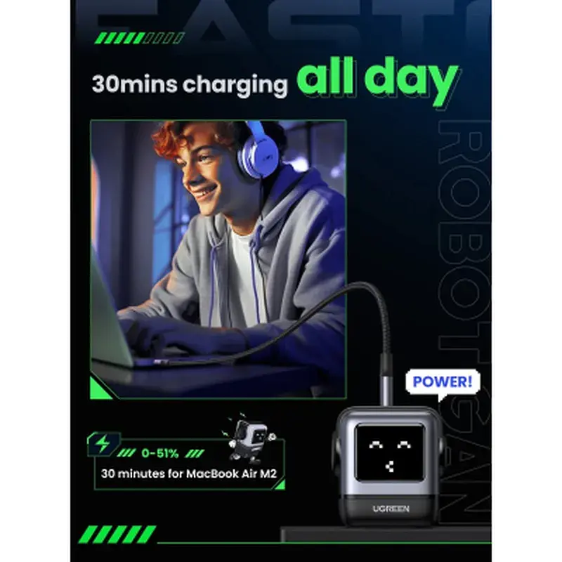 Зарядний пристрій Ugreen 1xUSB + 2xUSB-C 65W GaN CD361 gray (25685B) - фото 8