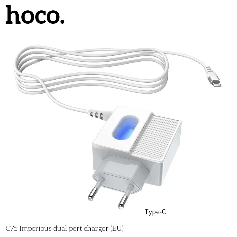 Зарядний пристрій із вбудованим кабелем Type-C — HOCO C75 + 2 USB-виходи біле - фото 5