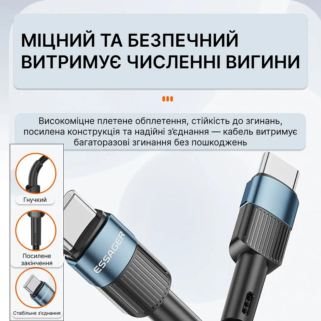 Essager 60W кабель USB-C to USB-C 1 метр (чорний) - фото 2