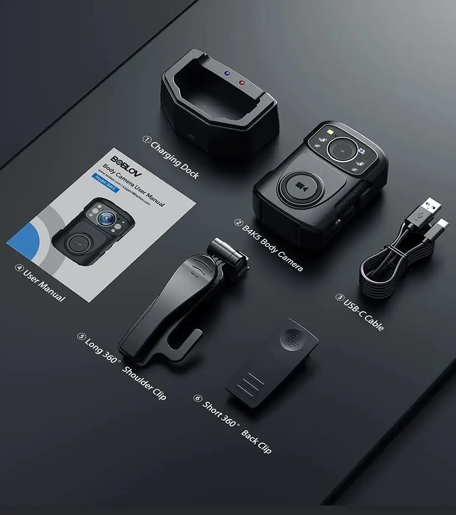 Нагрудна боді-камера Boblov B4K5 пам'ять 128Гб з дисплеєм 2.0 дюйма GPS нічний запис датчик руху акумулятор 3400 мА·год док-станція - фото 4