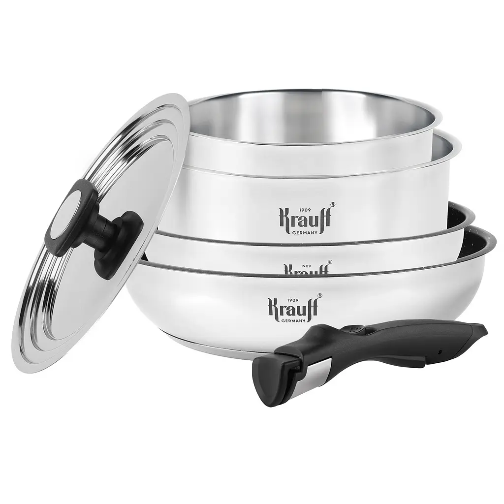 Набір з каструль та сотейників Krauff Genius Chef зі знімною ручкою + кулінарна ложка, щипці та лопатка