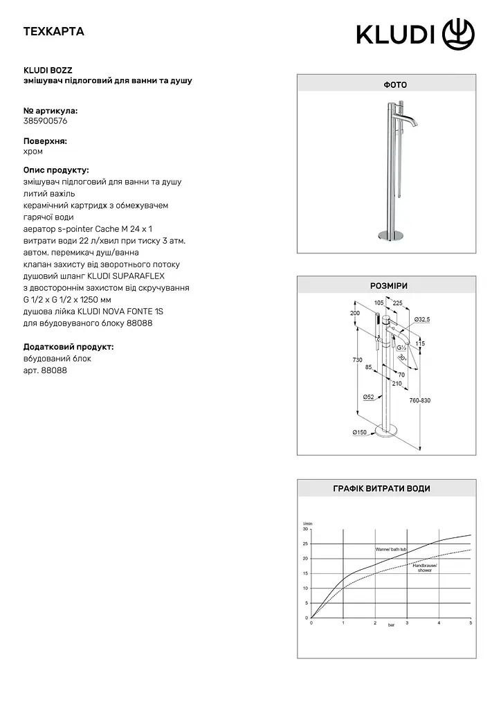 Підлоговий змішувач для ванни Kludi Bozz 385900576 - фото 2