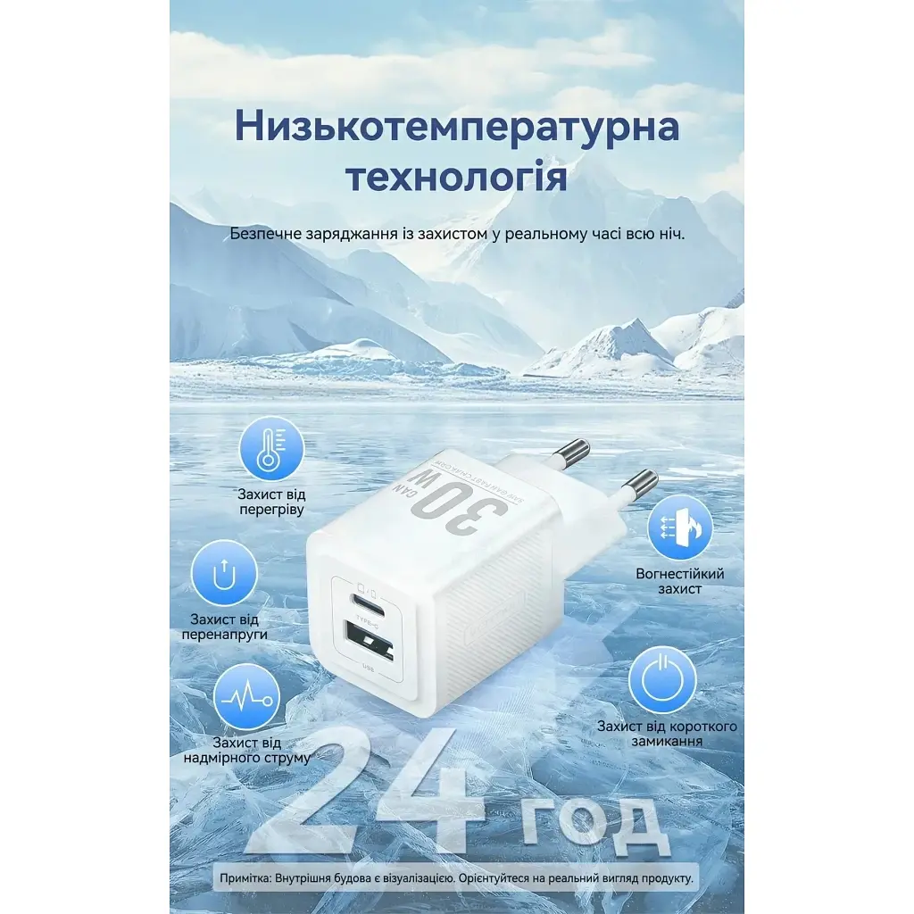 Зарядний пристрій Vention 1xUSB-C PD 30 Вт + 1xUSB QC 3.0 30 Вт GaN + кабель USB-C — USB-C 1.0 м білий (TZ-FEQW0-EU-01) - фото 9