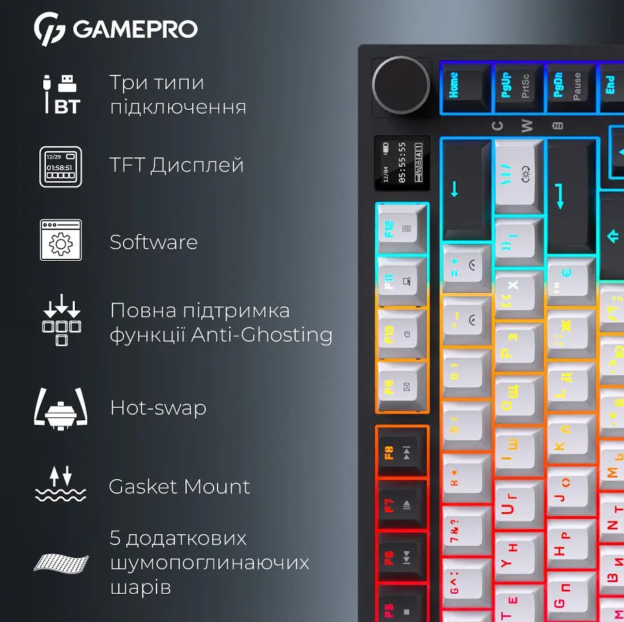 Клавіатура ігрова механічна GamePro MK-160-W-D Pro Wireless Hot-Swap Rainy Switch Black-White - фото 5
