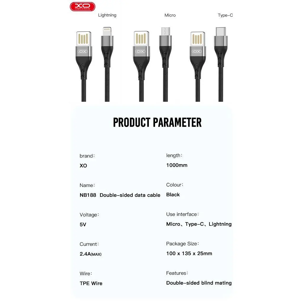 Дата кабель USB 2.0 AM to Lightning 1.0m 2.4A double-side grey XO (NB188-L-1-GR) - фото 4