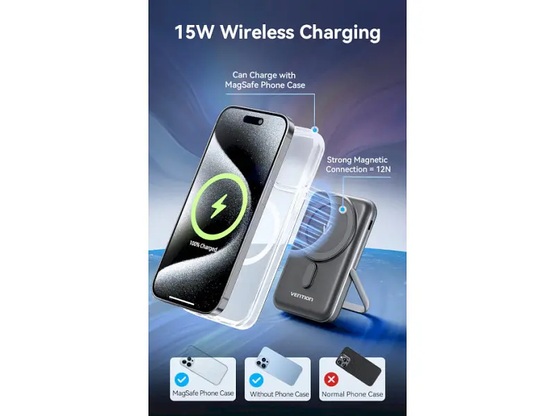 Зовнішній акумулятор (Power Bank) Vention Magnetic Wireless 10000mAh 20W Black (FHNB0) - фото 7