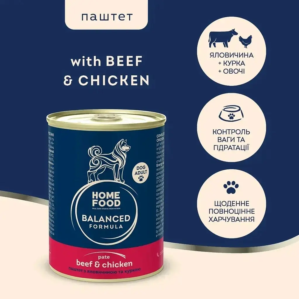 Повнораціонний консервований корм Home Food для дорослих собак Паштет з яловичиною та куркою 360 г - фото 2