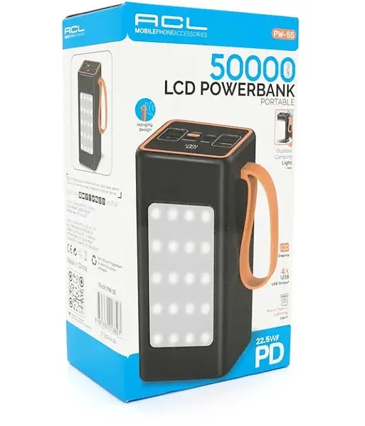 Универсальная зарядная батарея ACL PW-55 50000 mAh с индикатором заряда + фонарь + ремешок (Черный) - фото 2