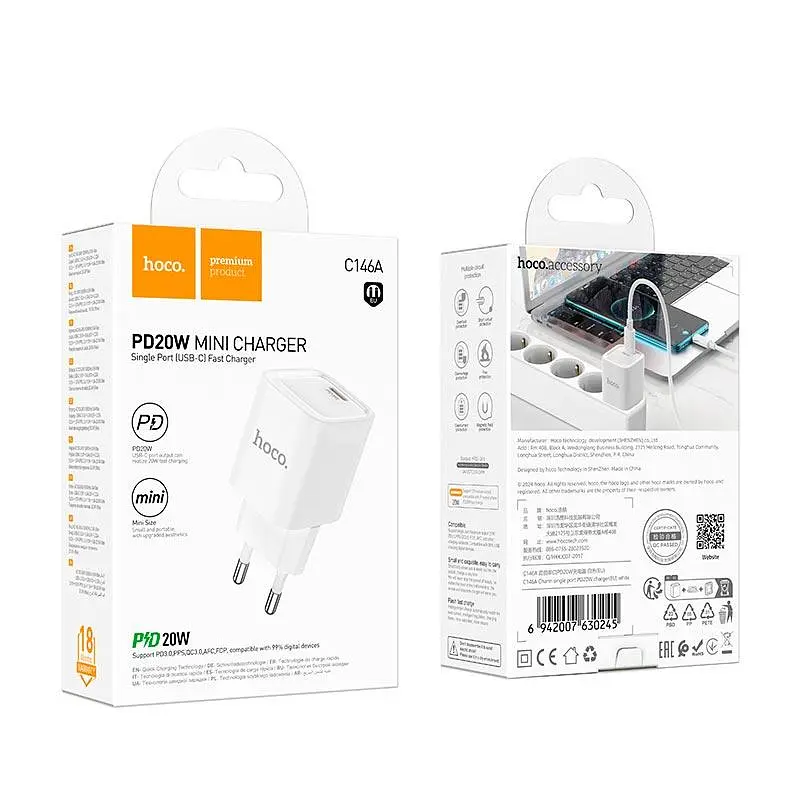 Адаптер мережевий HOCO Charm single port PD charger C146A |1Type-C, 20W/3A, PD/QC| - фото 2