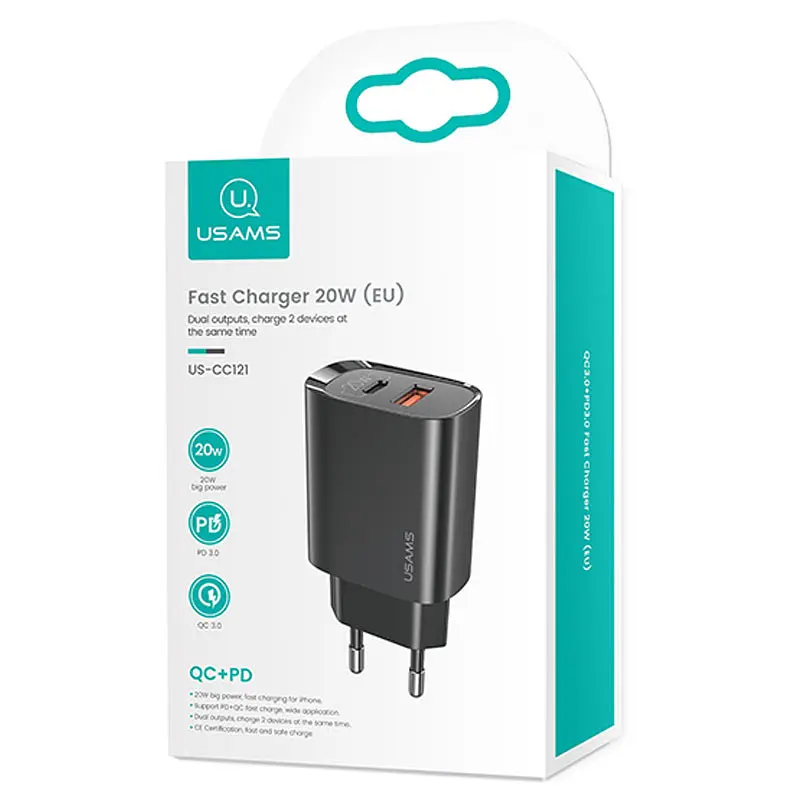МЗП Usams US-CC121 T35 QC3.0 + PD3.0 20W (1USB-A/1C) Чорний - фото 6