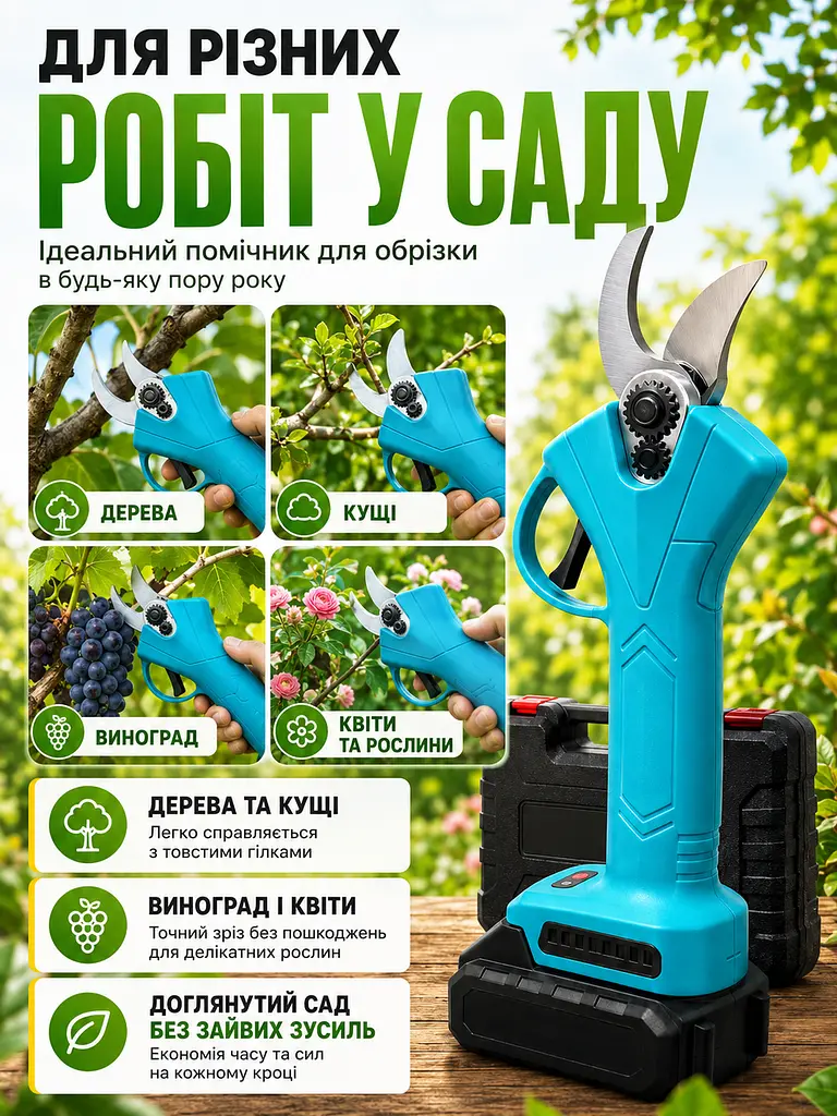 Акумуляторний секатор електричний для обрізання дерев, кущів і винограду до 40 мм з 2 АКБ та кейсом (49675921) - фото 6