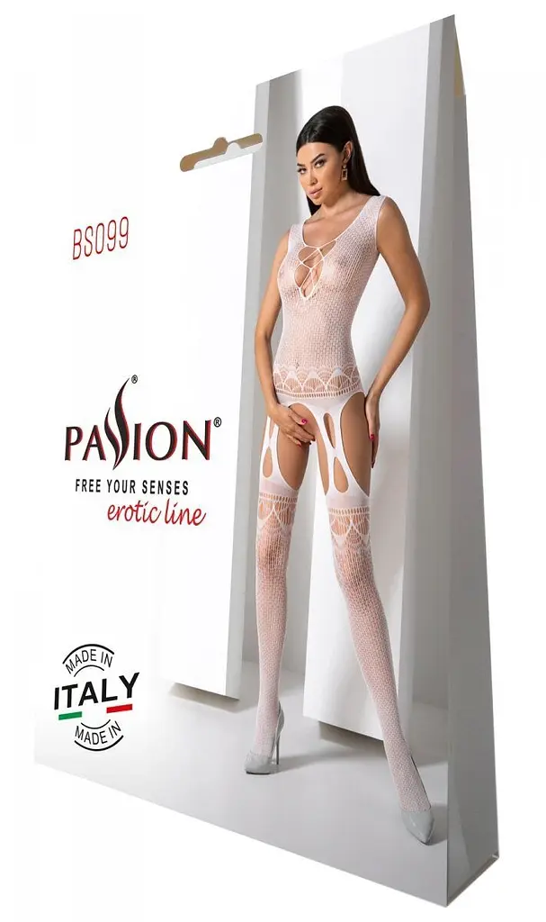 Бодістокінг з плетінням на грудях Passion BS099 One Size, white, відкритий доступ, імітація підв’язо - фото 6