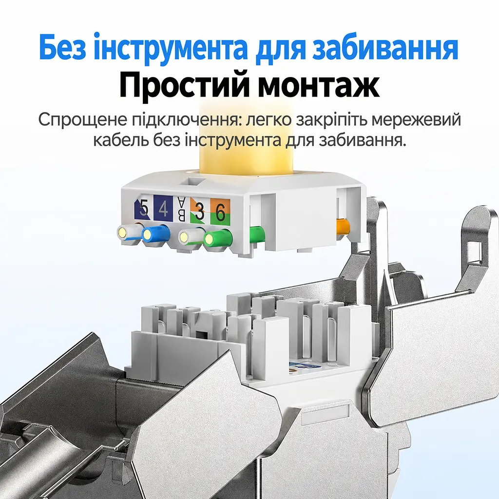 Экранированный сетевой модуль Keystone UGREEN NW309 гнездо RJ45 Cat 6A до 10 Гбит/с монтаж без инструмента для забивки жил прямое исполнение 180° разводка T568A/B серебристый с белыми деталями и золотистыми контактами (35997) - фото 2