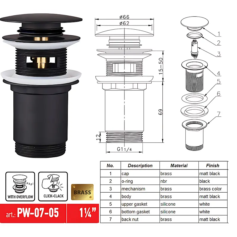 Донний клапан для раковини Koer PW-07-05 з переливом автоматичний Click-Clack 1 1/4″ Чорний KR5785 - фото 8
