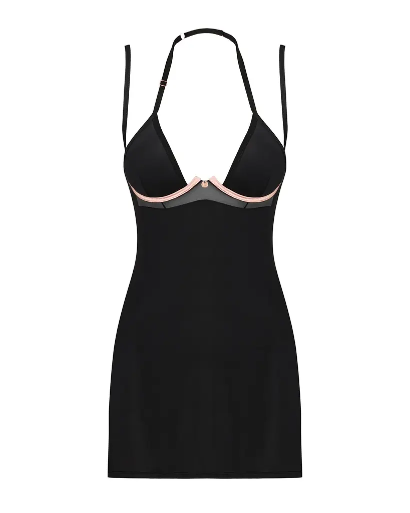 Сорочка Obsessive Selinne chemise & thong XS/S Black, стрінги, подвійні бретелі - фото 3