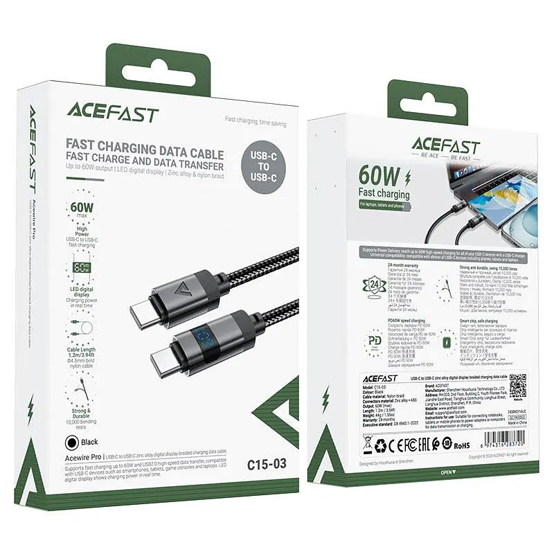Кабель ACEFAST C15-03 USB-C to USB-C zinc alloy digital display braided charging data cable чорний - фото 2