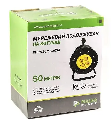 Подовжувач мережевий на котушці PowerPlant, 4 розетки, 50 м, Black, 10A, до 2.5 кВт, 3x1.5 мм² (PPRA10M500S4) - фото 4