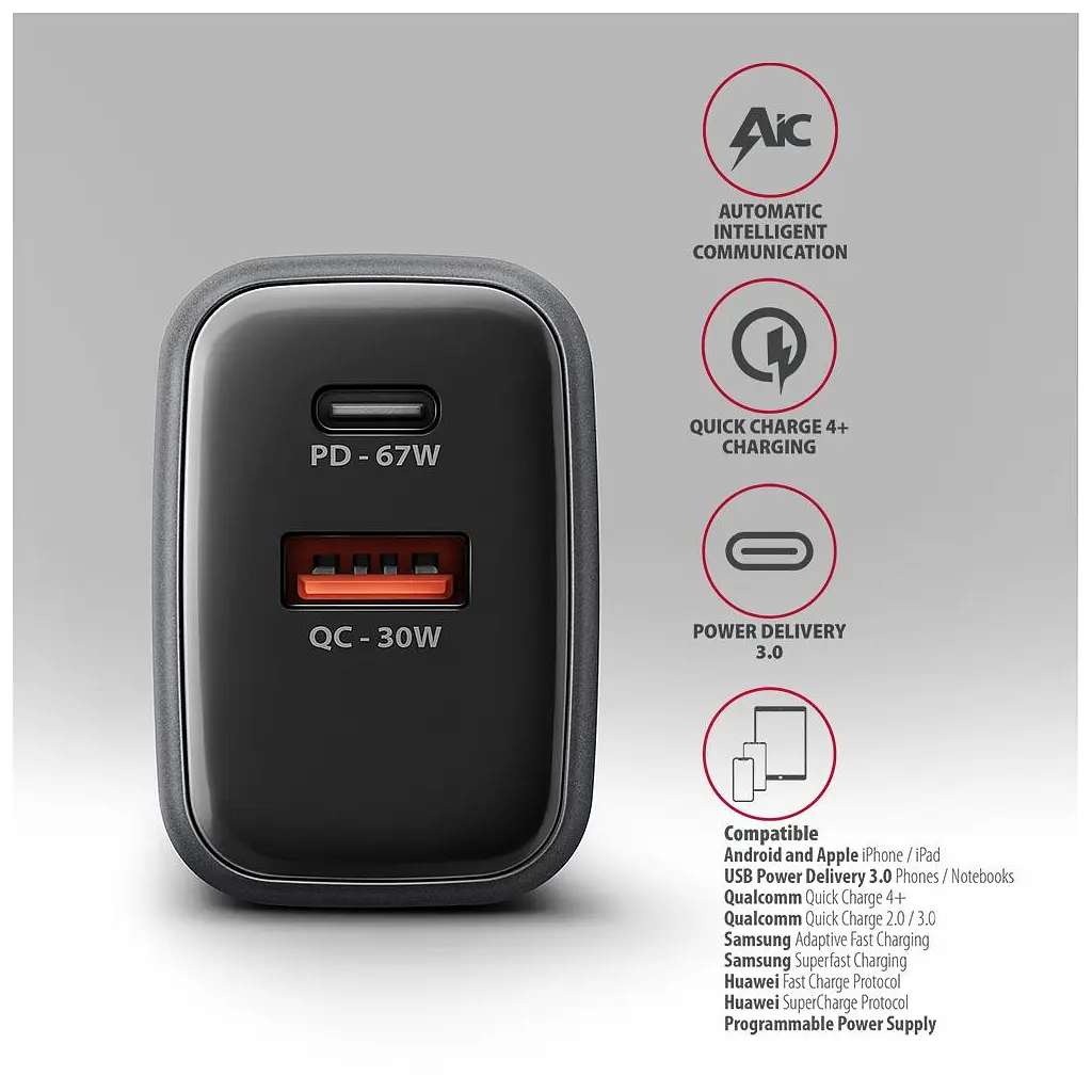Зарядний пристрій AXAGON 1xUSB-C PD67W + 1xUSB QC4+ PPS display gray (ACU-PQ67D) - фото 6