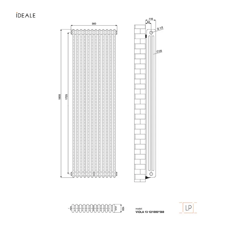 Радіатор дизайнерський Ideale Viola 13 12/1800/560 чорний, Чорний - фото 4