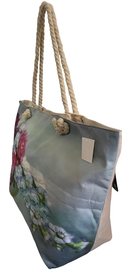 Сумка пляжна жіноча велика шопер літня тканинна на блискавці 2550 бежевий +зелений + червоний - фото 2
