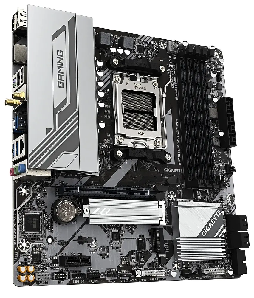 Материнская плата AM5 Gigabyte B650 GAMING PLUS WIFI, B650, 4xDDR5, Int.Video (CPU), 4xSATA3, 2xM.2, 1xPCI-E 4.0x16, 1xPCI-E 3.0x1, Realtek 7. Bluetooth 5.3, 7xUSB 3.2/6xUSB 2.0, HDMI/2xDP, MicroATX - фото 2