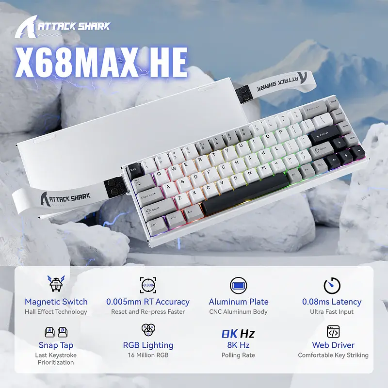 Игровая магнитная клавиатура Attack Shark X68 Max / Проводное подключение / Magnetic Switch / White - фото 2