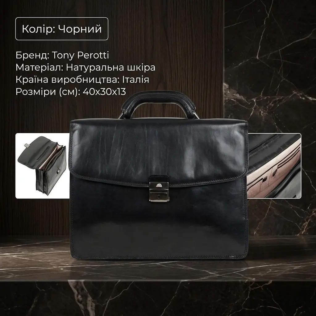Чоловічий діловий портфель Tony Perotti натуральна шкіра Italico 8008/40 (90375) Чорний - фото 3