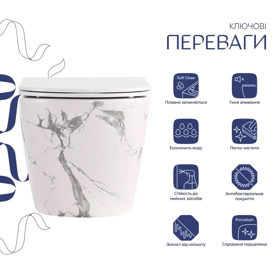 Унітаз підвісний Qtap Robin Ultra Quiet, Marble, з сидінням Slim Duroplast / Soft-close / Quick Release QTROB26MR48998 - фото 2