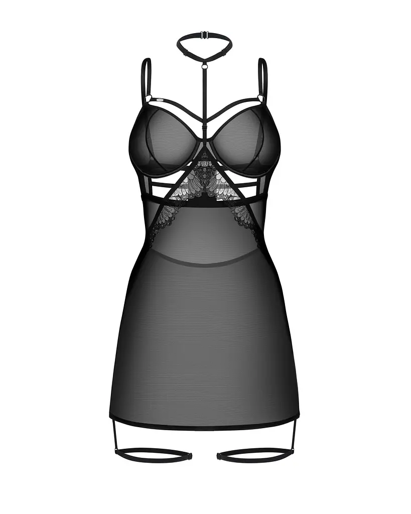 Бебі-дол Obsessive Arrowel Black chemise S/M, з декоративним чокером та гартерами - фото 3
