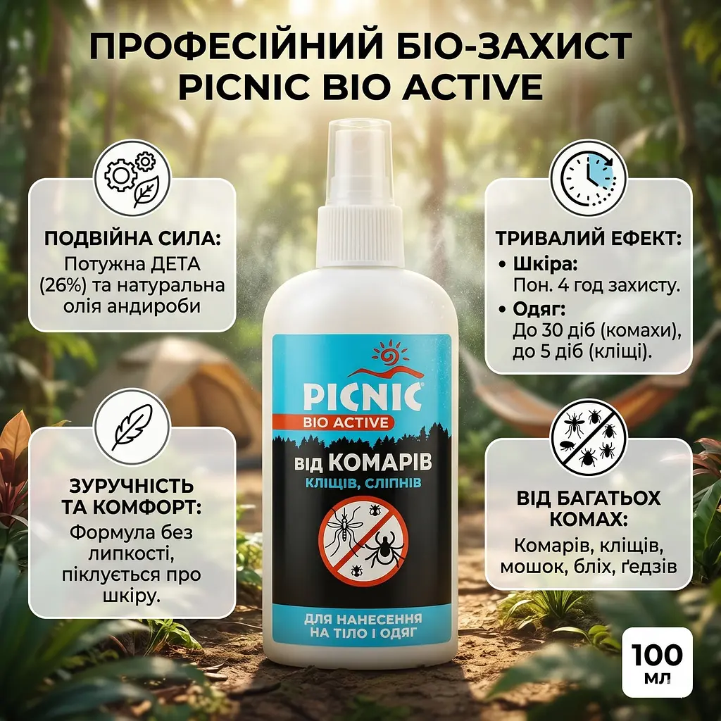 Лосьйон Picnic Bio Active від комарів і кліщів 100 мл - фото 2
