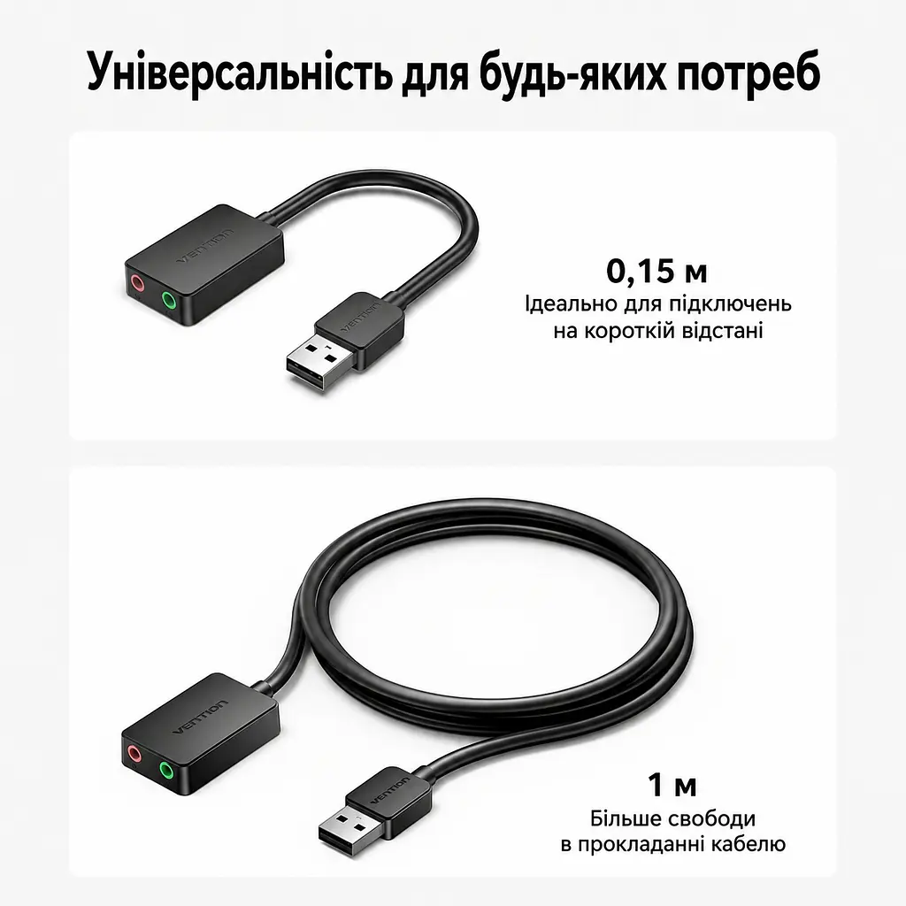 Зовнішня звукова карта Vention аудіоадаптер з підключенням USB-A з окремими гніздами 3,5 мм для навушників і мікрофона Plug & Play чорна (CDYB0) - фото 15