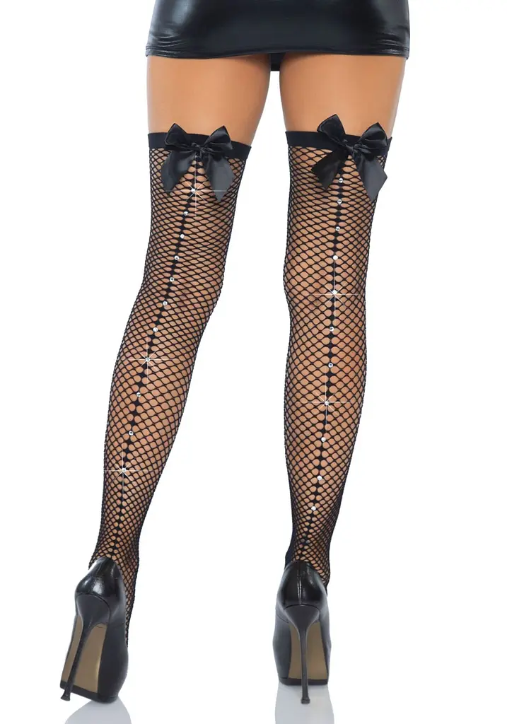 Панчохи-сітка зі швом ззаду Leg Avenue Bow back seam thigh highs One size Black, атласний бант - фото 3