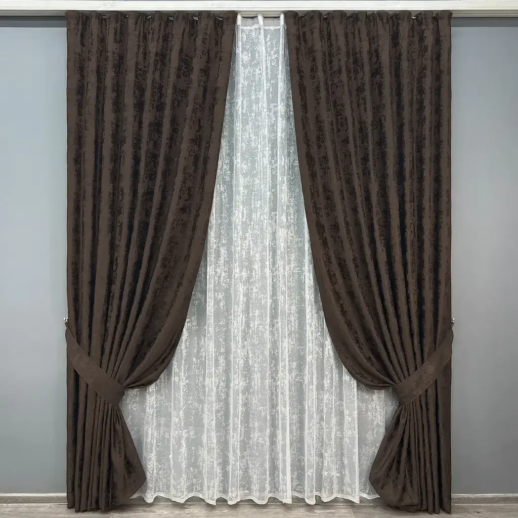 Комплект штор з тюлем VR-Textil Жакард Мармур, венге з білим, 2 штори 100×270 см + тюль 300×270 см, арт. 71-191/1