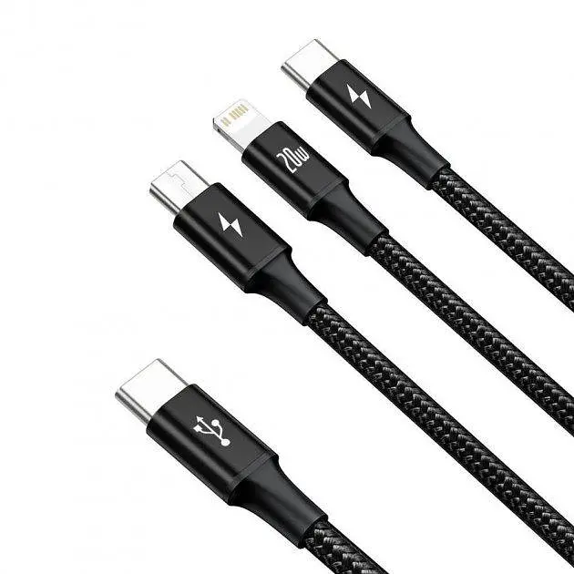 Кабель Baseus Rapid Series 3-in-1 Cable Type-C to Type-C/Lightning/MicroUSB PD 20W 1.5m CAMLT-SC01 Black - фото 4