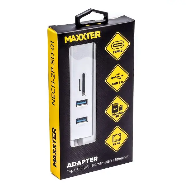 Адаптер Maxxter, Grey, USB Type-С (M)-2*USB 3.0 (F)/RJ-45(F) Gigabit Ethernet 1000 Mbps, microSD/TF card reader, метал (NECH-2P-SD-01) - фото 3