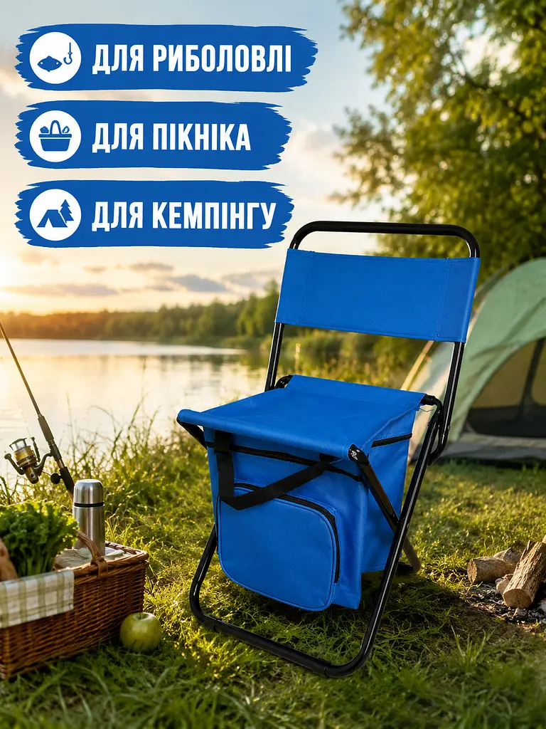 Складаний туристичний стілець із термосумкою до 100 кг 35×28×59 см синій (49676085) - фото 4