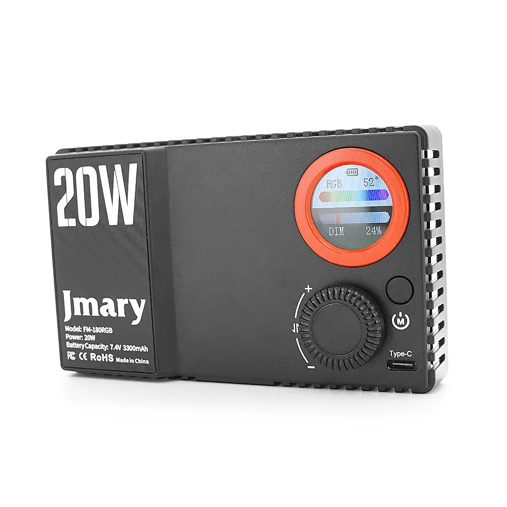 Накамерний надпотужний відеосвітло Jmary FM-180RGB, 20 Вт, RGB, CRI 95+1800-9000К, вбудований аккум 3300mAh, 128x78x26мм, Box - фото 3