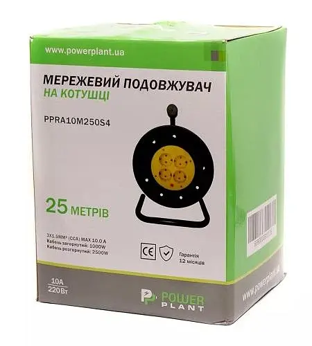 Подовжувач мережевий на котушці PowerPlant, 4 розетки, 25 м, Black, 10A, до 2.5 кВт, 3x1.5 мм² (PPRA10M250S4) - фото 4