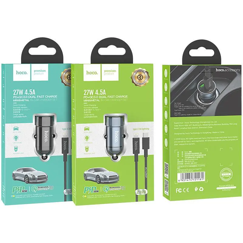 Автомобільний зарядний пристрій Hoco Z32B 1 USB + Type-C QC 3.0 Black + Cable Type-C to iPhone X - фото 2