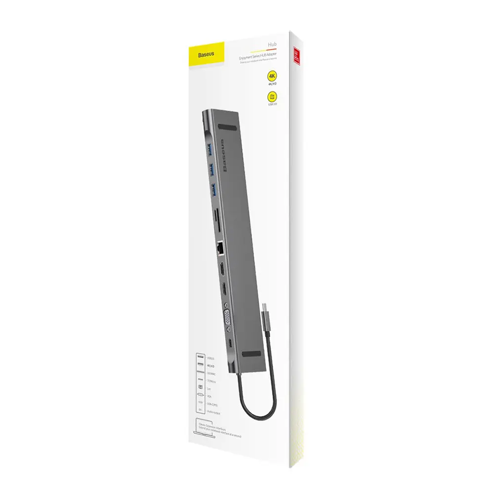 Usb-хаб Baseus Enjoyment Series Type-C Notebook (PD / HDMIx2 / VGA / RJ45 / SD / TF / Usbx3 / Adapter) Темно-сірий - фото 3