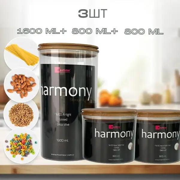 Набір акрилових контейнерів Motek Harmony 3 шт круглих з бамбуковою кришкою (0,8 л + 0,8 л + 1,6 л) (HM-SETB) - фото 2