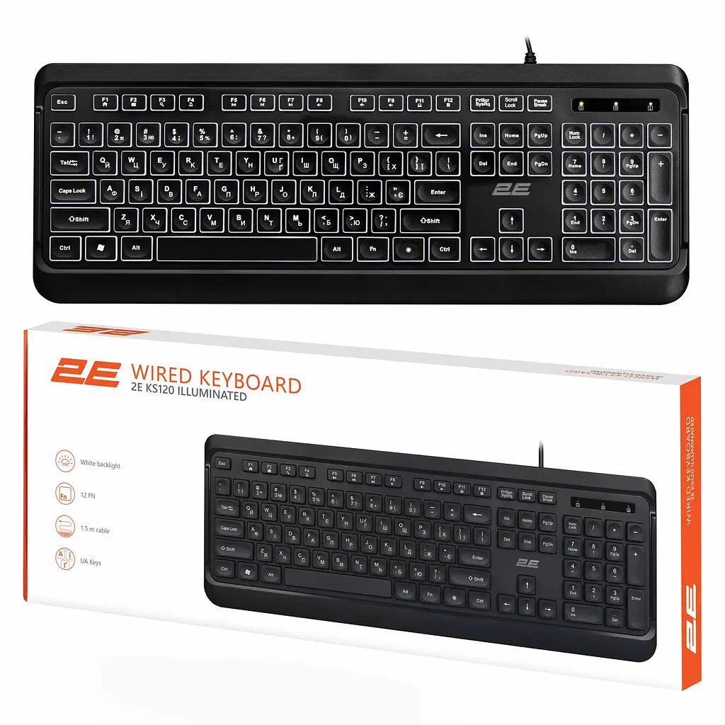 Клавіатура мембранна USB з LED-підсвіткою 2E KS-120 Black, 104key, USB-A, EN/UK, White LED - фото 7