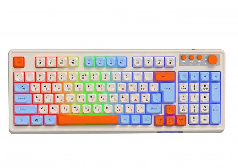 Клавіатура бездротова Maxxter KBGW-3C01-UA, білий, USB 2.4GHz, 98 кнопок, LED підсвічування, акумулятор 2000 mAh