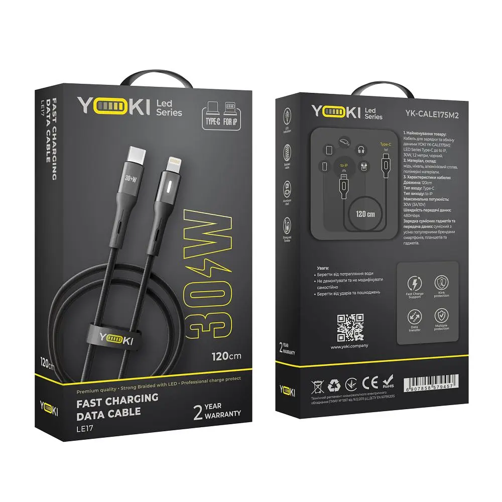 Кабель для заряджання та обміну даними USB Yoki YK-LE17 LED Series Type-C to Lightning 30W 3A/10V 1.2 m Black - фото 2