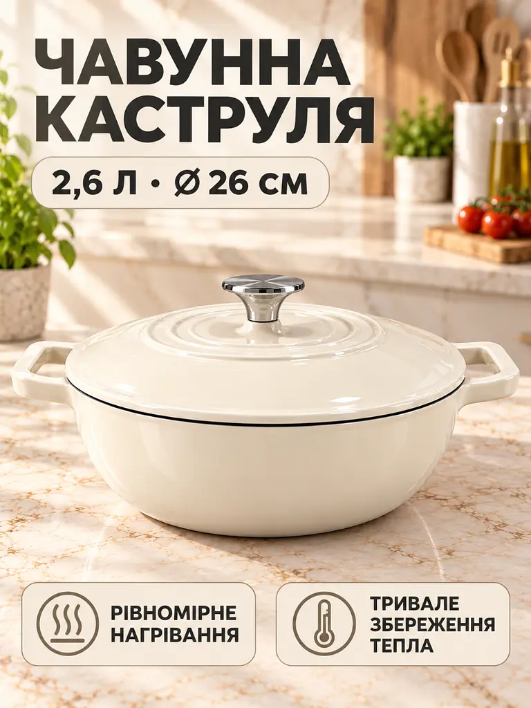 Каструля чавунна емальована 2,6 л 26 см з кришкою для тушкування біла (37261122) - фото 2